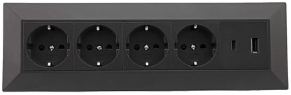 4-fach Steckdosenblock, USB-A+C, schwarz 250V~/ 16A, Aufbaumontage, USB 3,1A, PD