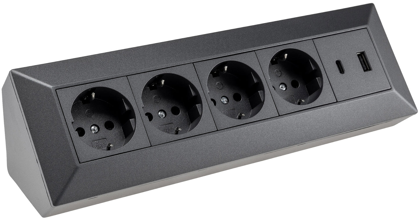 4-fach Steckdosenblock, USB-A+C, anthraz 250V~/ 16A, Aufbaumontage, USB 3,1A, PD
