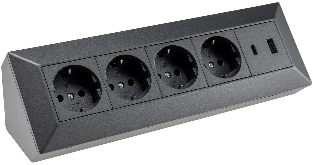 4-fach Steckdosenblock, USB-A+C, anthraz 250V~/ 16A, Aufbaumontage, USB 3,1A, PD