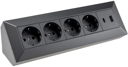4-fach Steckdosenblock, USB-A+C, anthraz 250V~/ 16A, Aufbaumontage, USB 3,1A, PD