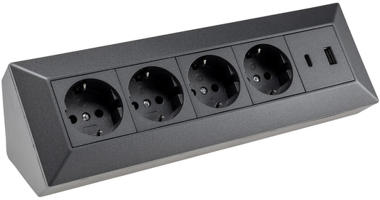 4-fach Steckdosenblock, USB-A+C, anthraz 250V~/ 16A, Aufbaumontage, USB 3,1A, PD