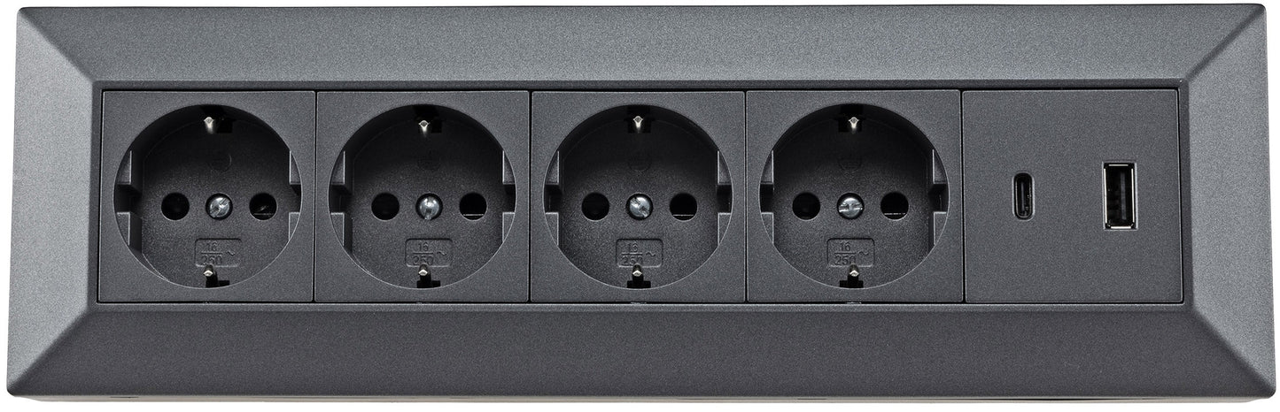 4-fach Steckdosenblock, USB-A+C, anthraz 250V~/ 16A, Aufbaumontage, USB 3,1A, PD
