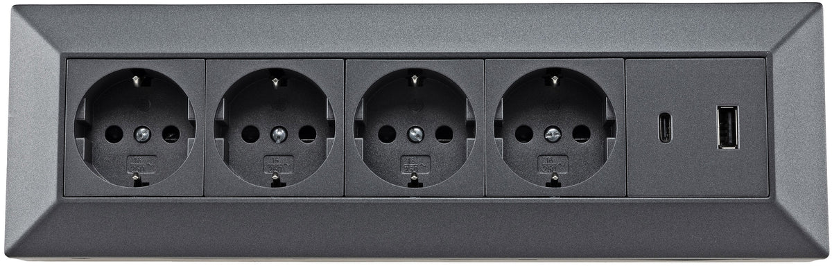 4-fach Steckdosenblock, USB-A+C, anthraz 250V~/ 16A, Aufbaumontage, USB 3,1A, PD
