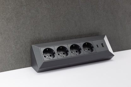 4-fach Steckdosenblock, USB-A+C, anthraz 250V~/ 16A, Aufbaumontage, USB 3,1A, PD
