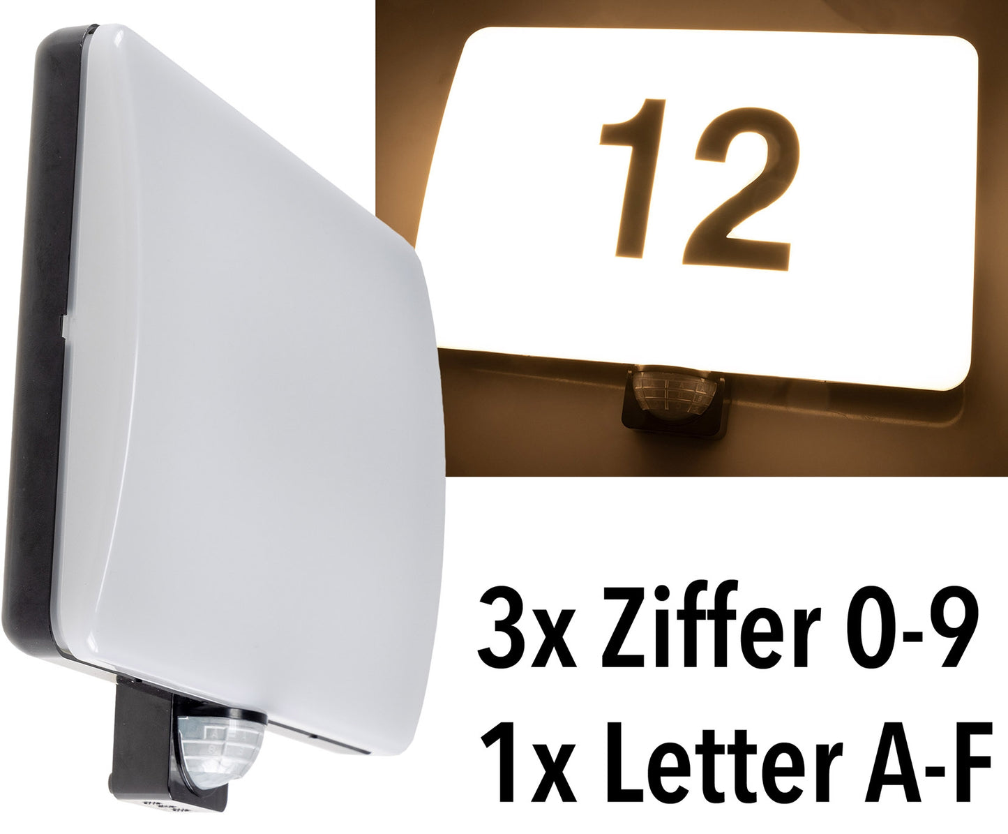 LED Wandleuchte "PADAR" mit PIR-Sensor IP65, 20W, mit Hausnummer & Buchstaben