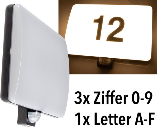 LED Wandleuchte "PADAR" mit PIR-Sensor IP65, 20W, mit Hausnummer & Buchstaben