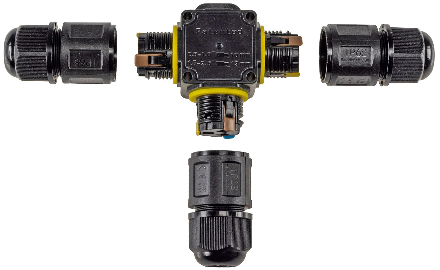 Kabelverbinder T-Form, IP68, 230V Klemmanschluss, für Kabel Ø 6-11mm