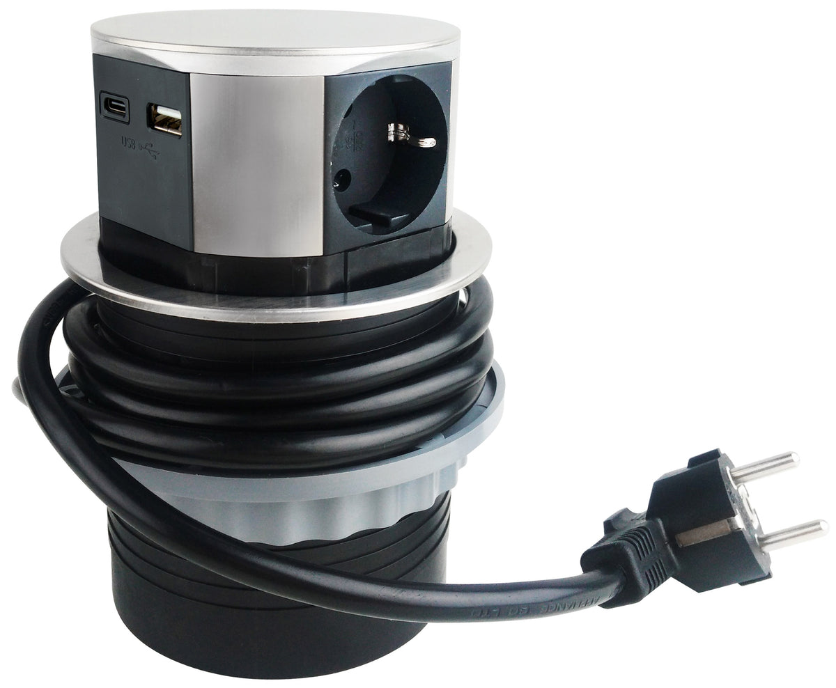 Schreibtisch-Einbausteckdose 3x +USB A+C versenkbar, Edelstahl-Ausführung, rund