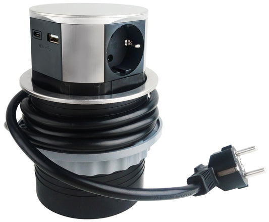 Schreibtisch-Einbausteckdose 3x +USB A+C versenkbar, Edelstahl-Ausführung, rund