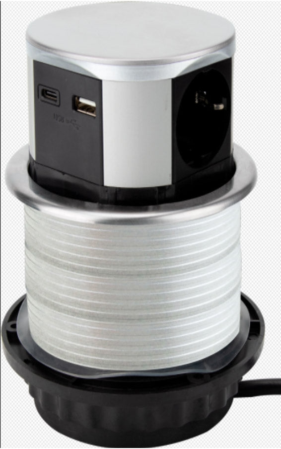 Schreibtisch-Einbausteckdose 3x +USB A+C versenkbar, Edelstahl-Ausführung, rund