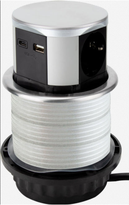Schreibtisch-Einbausteckdose 3x +USB A+C versenkbar, Edelstahl-Ausführung, rund