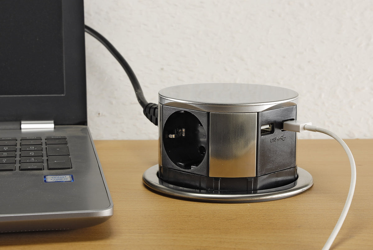 Schreibtisch-Einbausteckdose 3x +USB A+C versenkbar, Edelstahl-Ausführung, rund