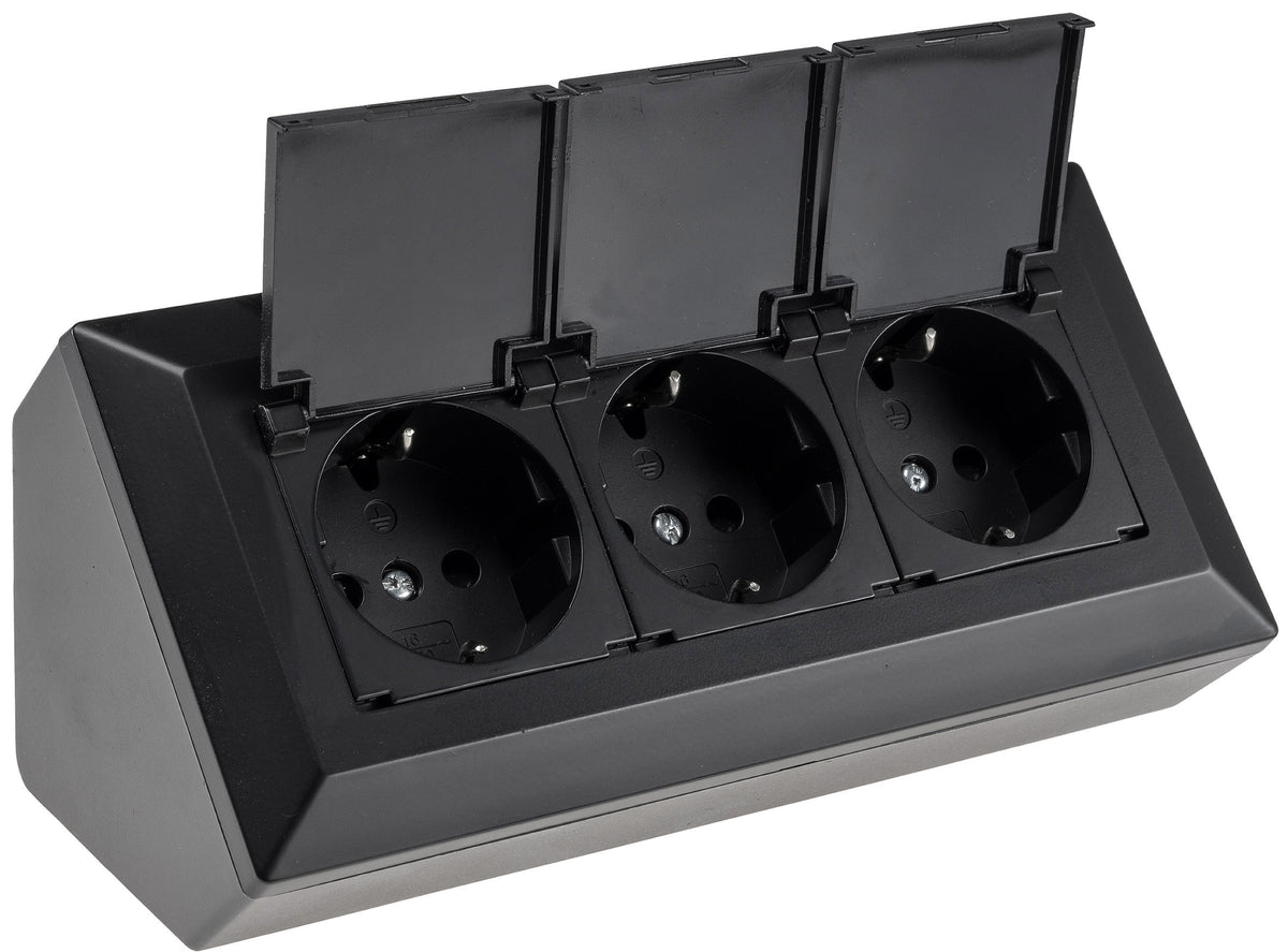 3-fach Steckdosenblock, schwarz 250V~/ 16A, Aufbaumontage mit Klappen