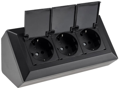 3-fach Steckdosenblock, schwarz 250V~/ 16A, Aufbaumontage mit Klappen