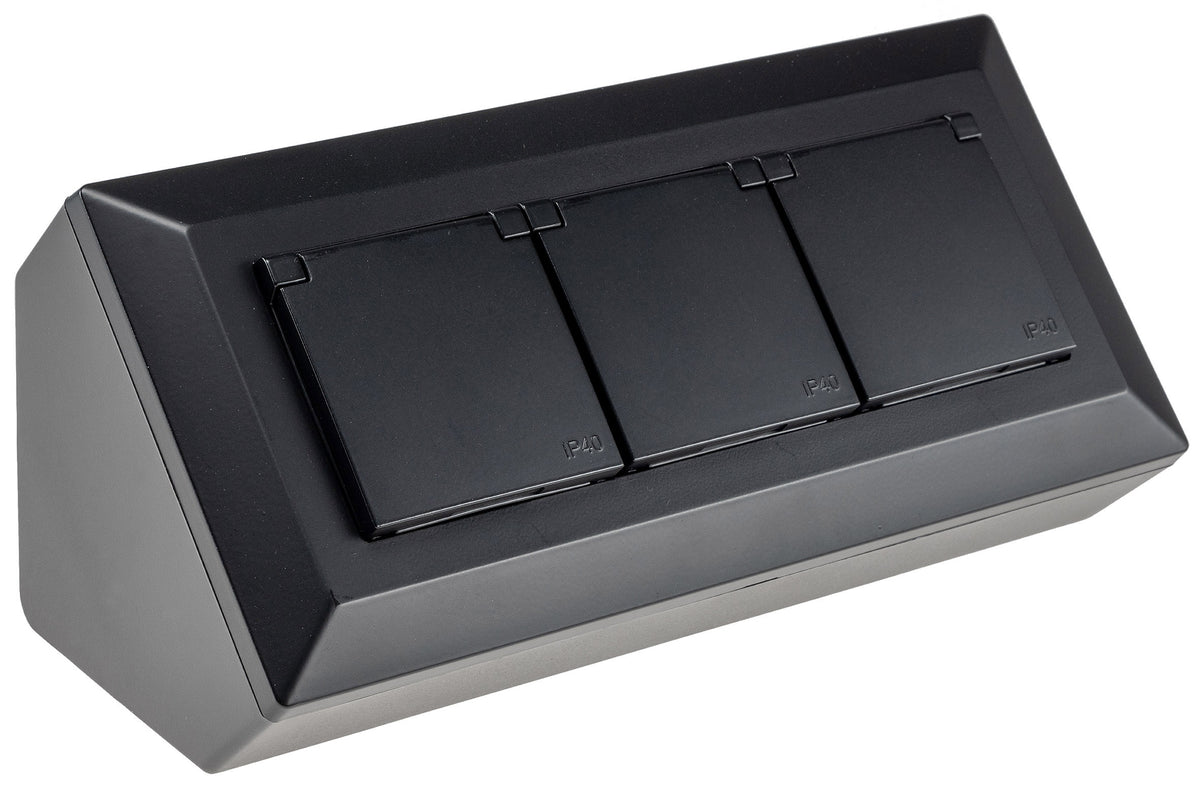 3-fach Steckdosenblock, schwarz 250V~/ 16A, Aufbaumontage mit Klappen