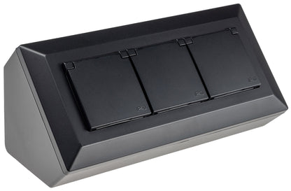 3-fach Steckdosenblock, schwarz 250V~/ 16A, Aufbaumontage mit Klappen