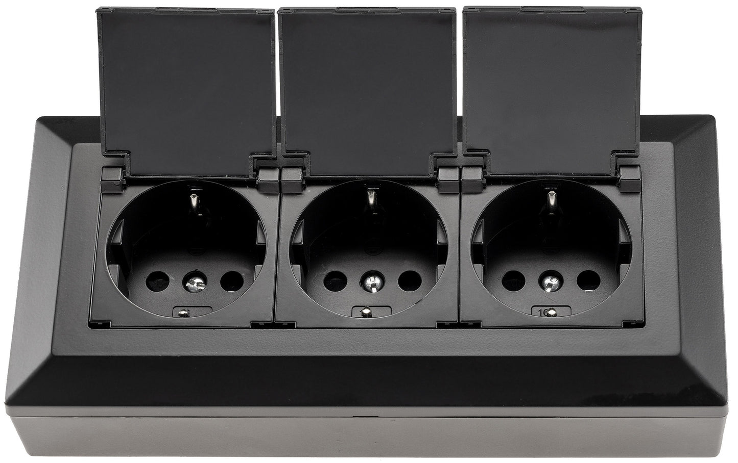 3-fach Steckdosenblock, schwarz 250V~/ 16A, Aufbaumontage mit Klappen