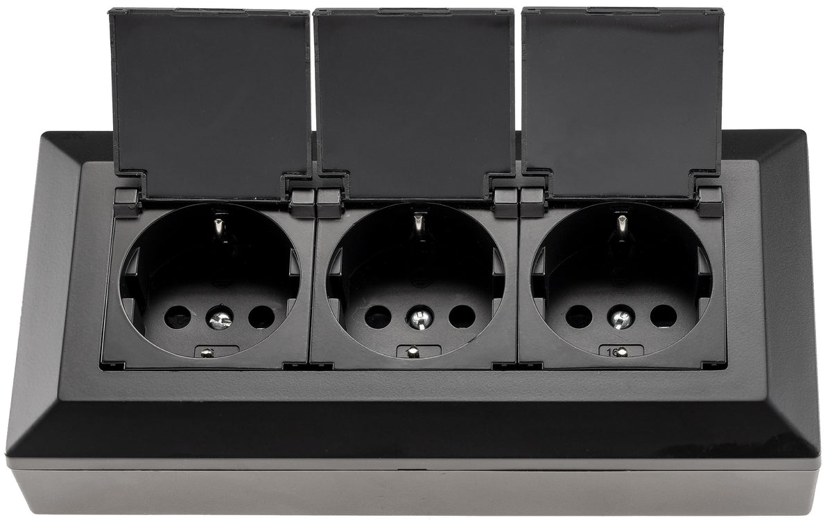 3-fach Steckdosenblock, schwarz 250V~/ 16A, Aufbaumontage mit Klappen