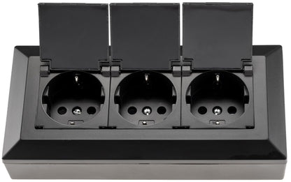 3-fach Steckdosenblock, schwarz 250V~/ 16A, Aufbaumontage mit Klappen