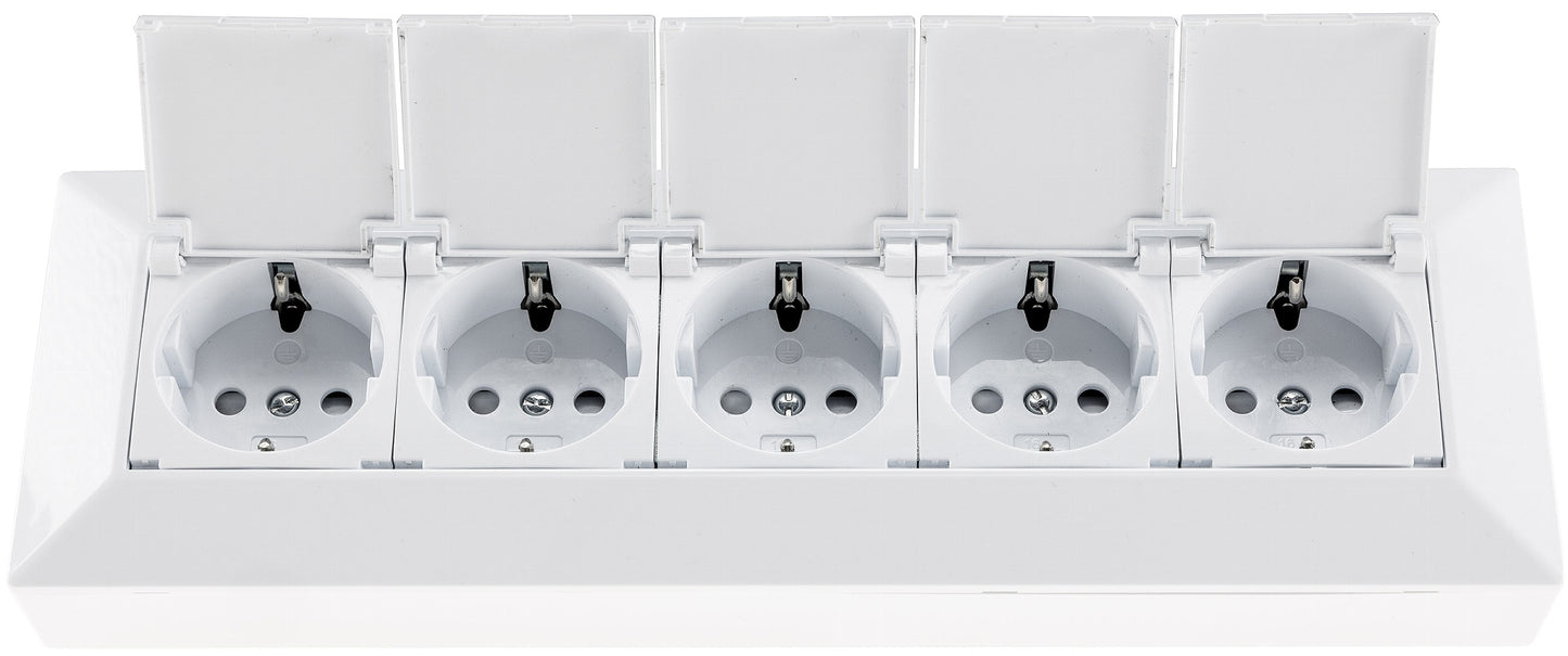 5-fach Steckdosenblock, weiß 250V~/ 16A, Aufbaumontage mit Klappen