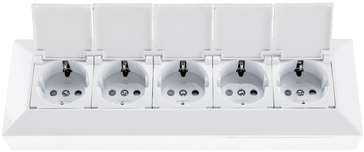 5-fach Steckdosenblock, weiß 250V~/ 16A, Aufbaumontage mit Klappen