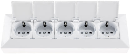 5-fach Steckdosenblock, weiß 250V~/ 16A, Aufbaumontage mit Klappen