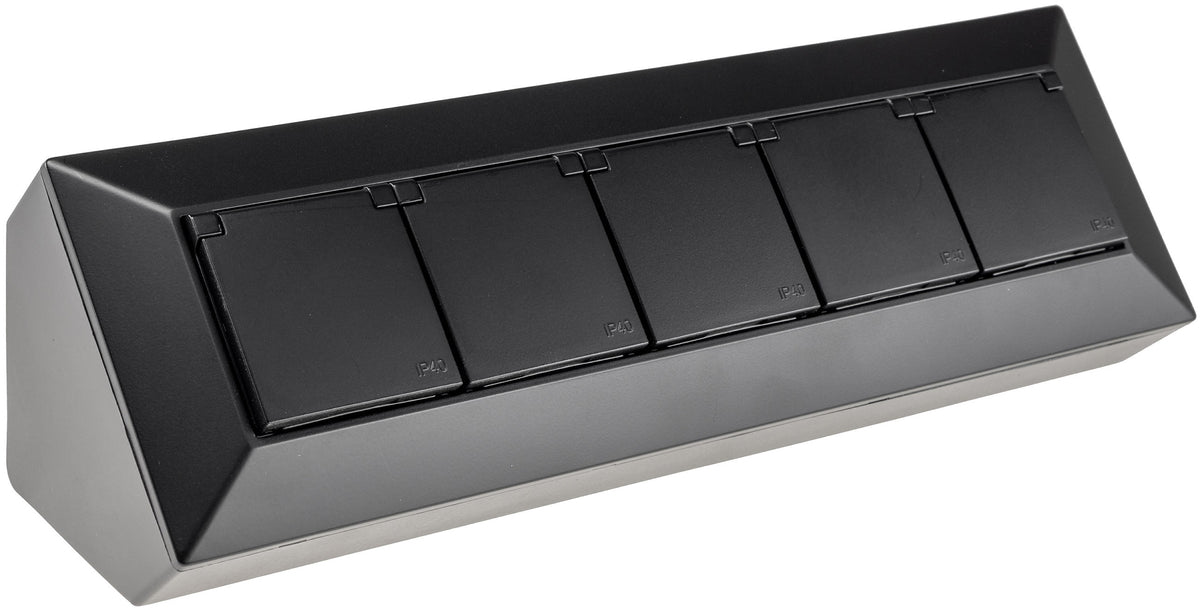 5-fach Steckdosenblock, schwarz 250V~/ 16A, Aufbaumontage mit Klappen