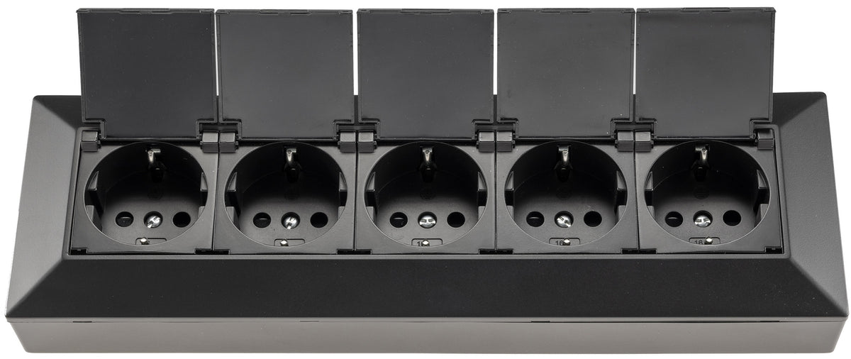 5-fach Steckdosenblock, schwarz 250V~/ 16A, Aufbaumontage mit Klappen