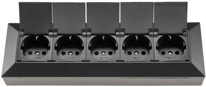 5-fach Steckdosenblock, schwarz 250V~/ 16A, Aufbaumontage mit Klappen