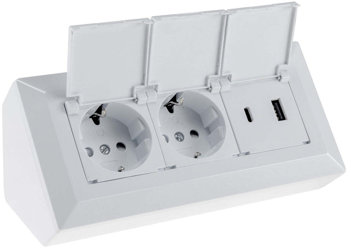 2-fach Steckdosenblock, USB-A+C, weiß 250V~/ 16A, USB 3,1A, PD, mit Klappen