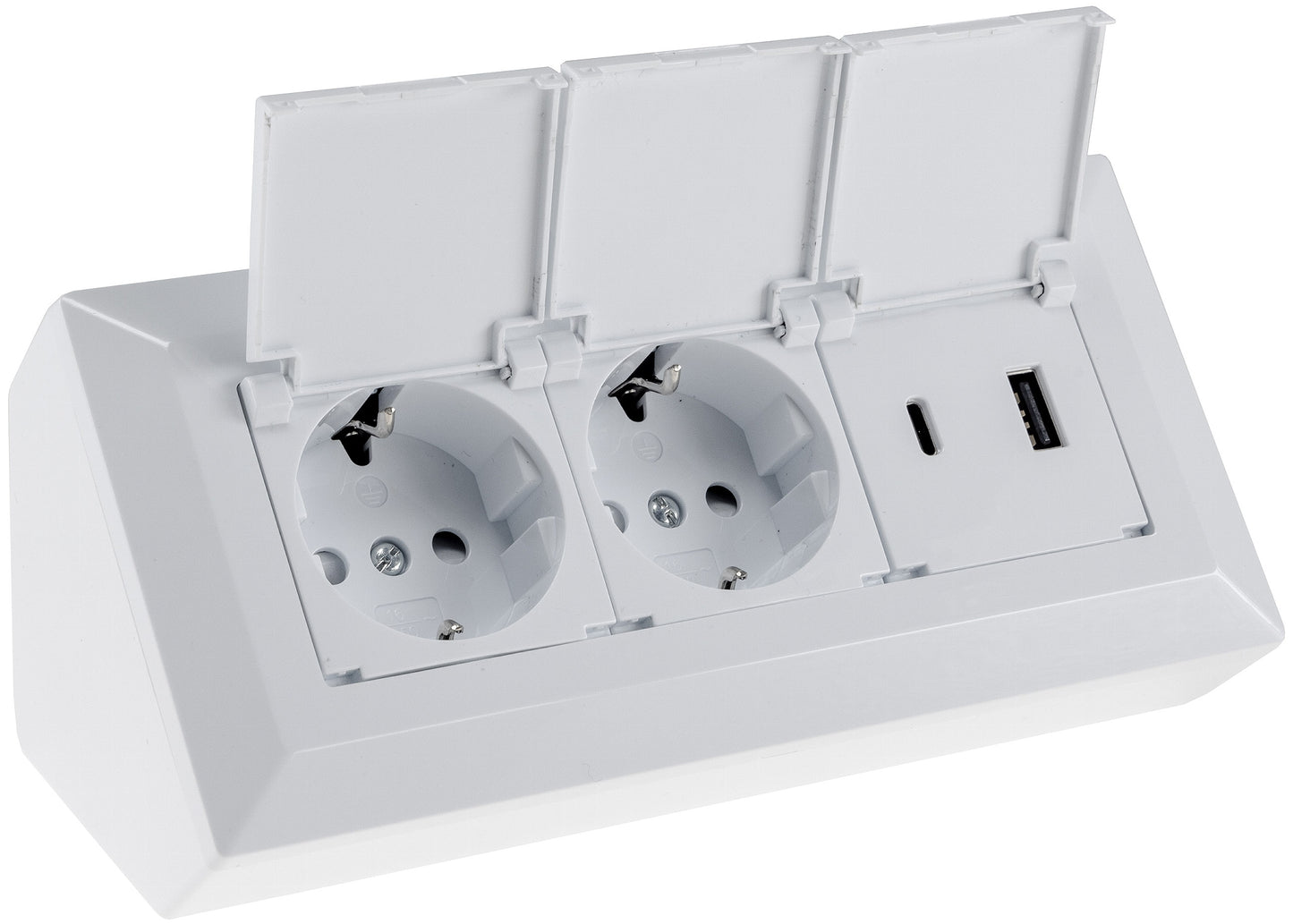 2-fach Steckdosenblock, USB-A+C, weiß 250V~/ 16A, USB 3,1A, PD, mit Klappen
