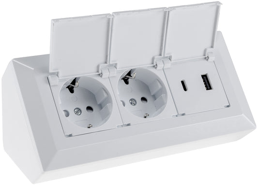 2-fach Steckdosenblock, USB-A+C, weiß 250V~/ 16A, USB 3,1A, PD, mit Klappen