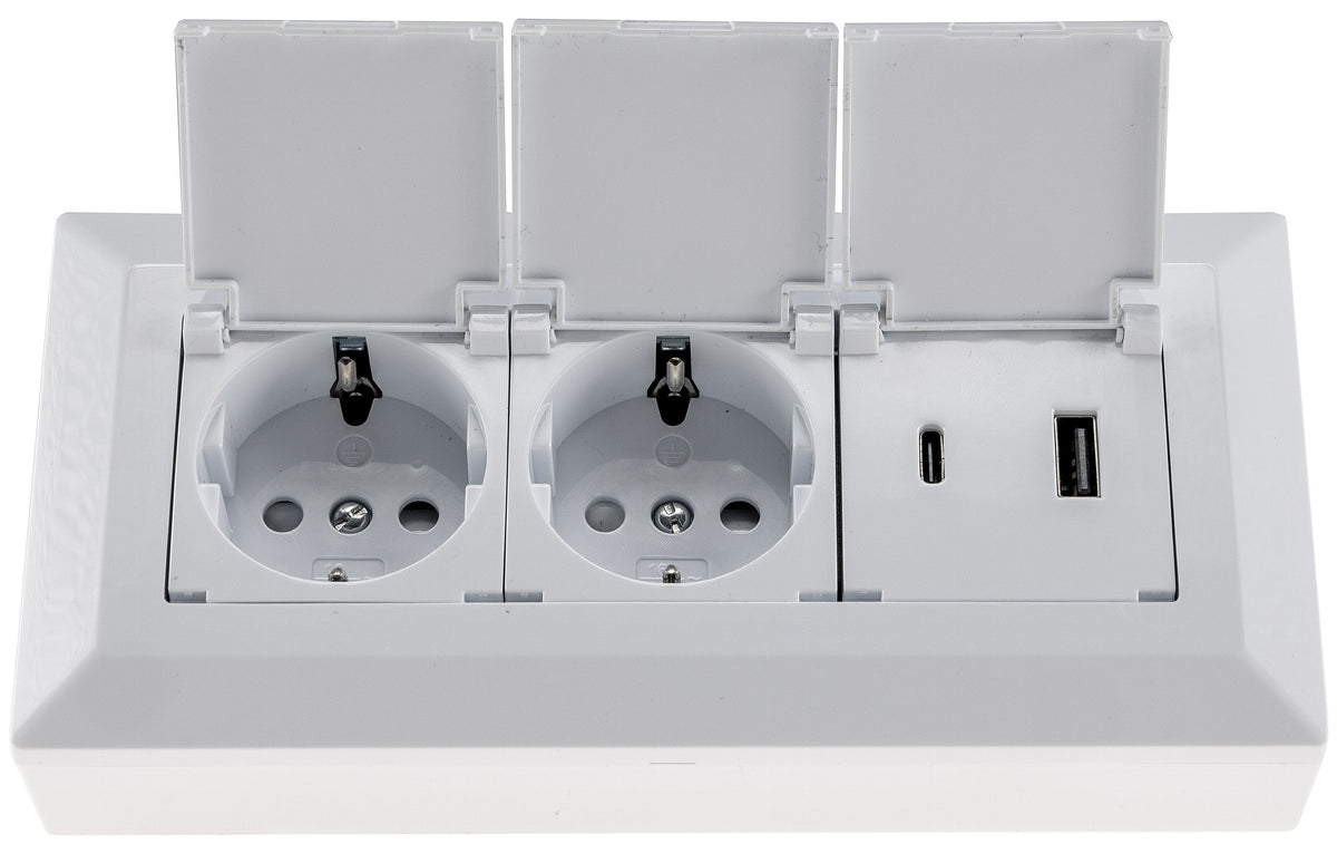 2-fach Steckdosenblock, USB-A+C, weiß 250V~/ 16A, USB 3,1A, PD, mit Klappen