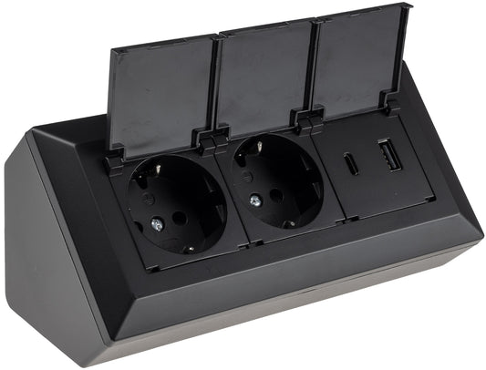 2-fach Steckdosenblock, USB-A+C, schwarz 250V~/ 16A, USB 3,1A, PD, mit Klappen