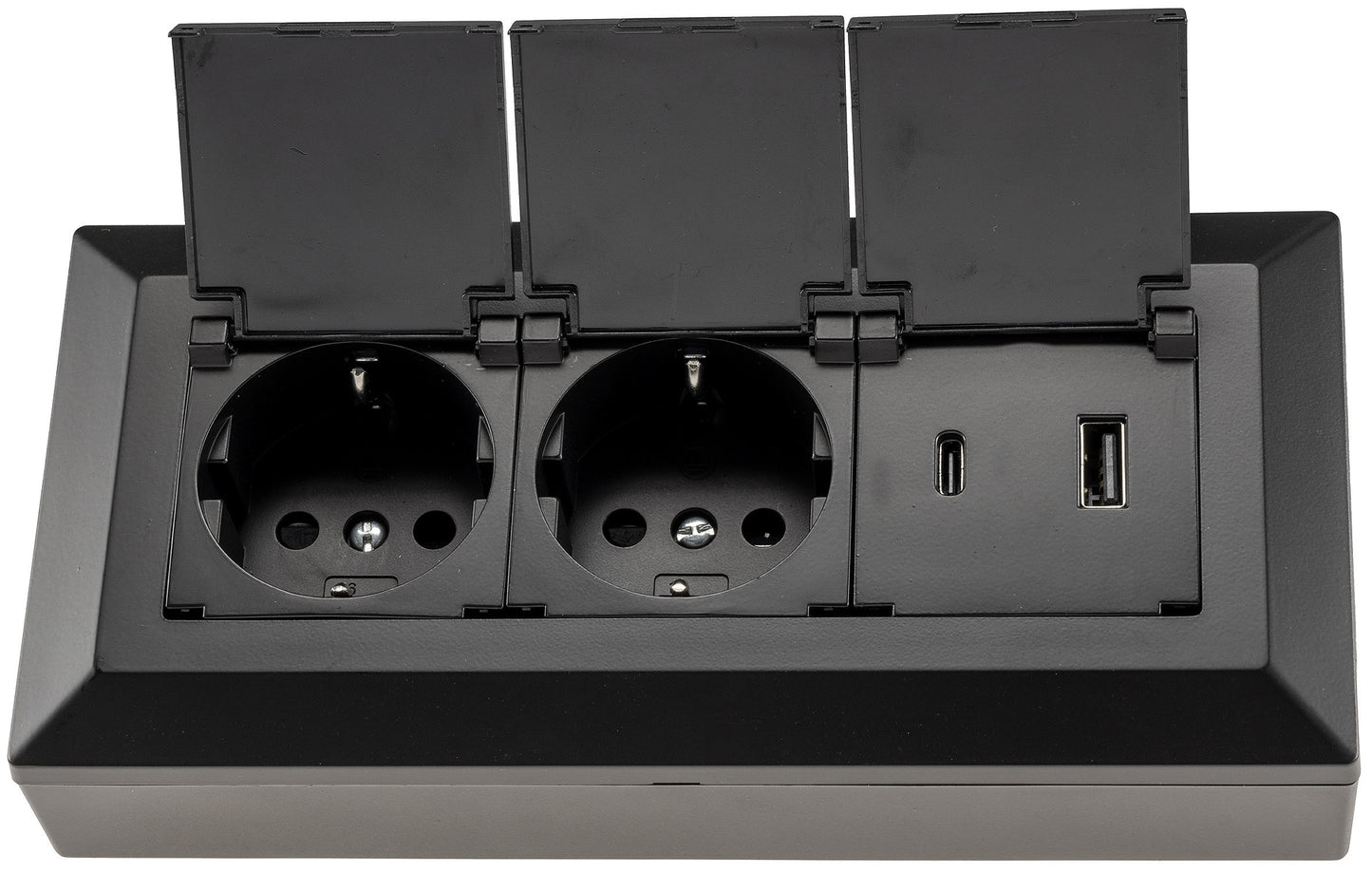 2-fach Steckdosenblock, USB-A+C, schwarz 250V~/ 16A, USB 3,1A, PD, mit Klappen