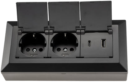 2-fach Steckdosenblock, USB-A+C, schwarz 250V~/ 16A, USB 3,1A, PD, mit Klappen