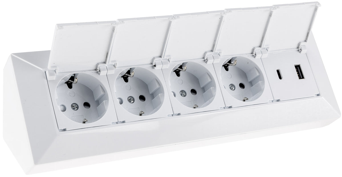 4-fach Steckdosenblock, USB-A+C, weiß 250V~/ 16A, USB 3,1A, PD, mit Klappen