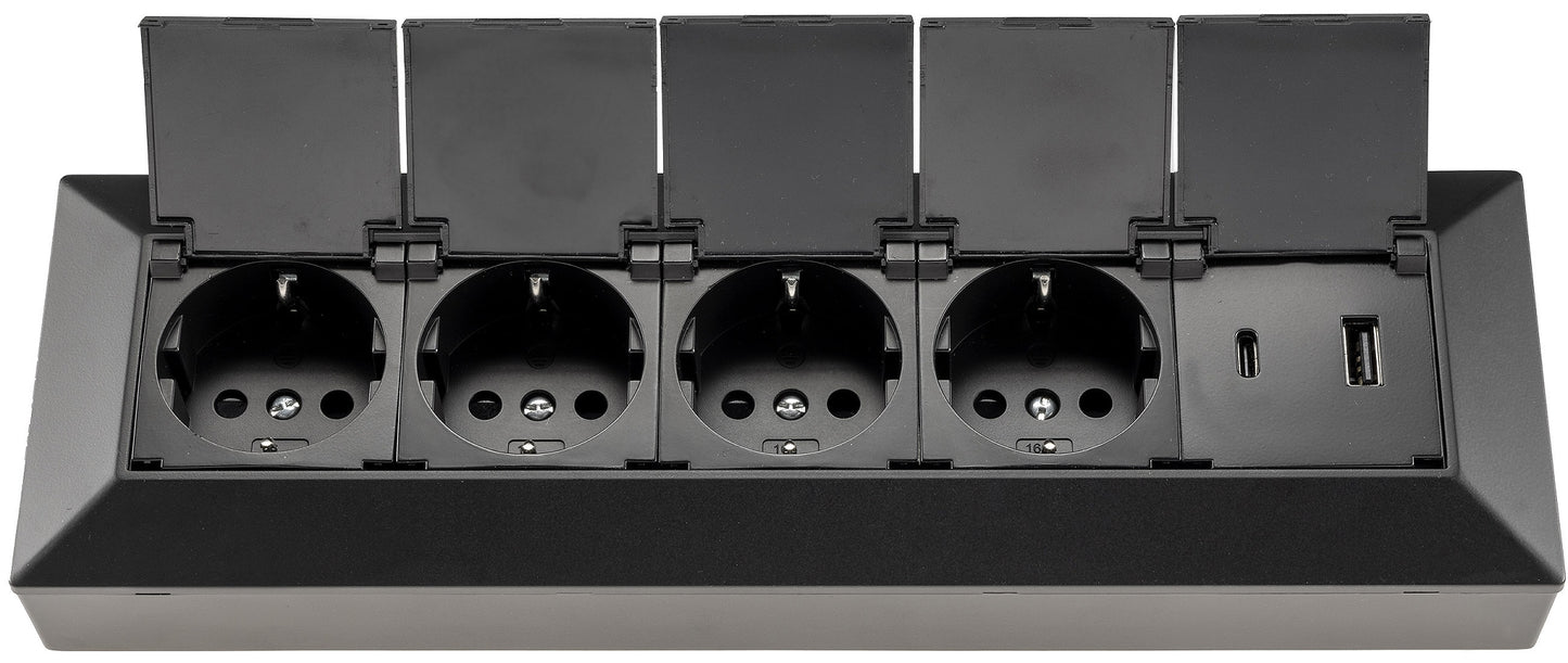 4-fach Steckdosenblock, USB-A+C, schwarz 250V~/ 16A, USB 3,1A, PD, mit Klappen