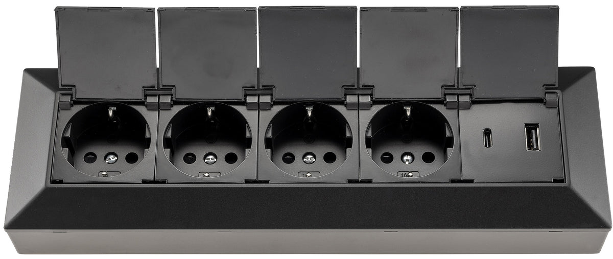 4-fach Steckdosenblock, USB-A+C, schwarz 250V~/ 16A, USB 3,1A, PD, mit Klappen