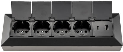 4-fach Steckdosenblock, USB-A+C, schwarz 250V~/ 16A, USB 3,1A, PD, mit Klappen