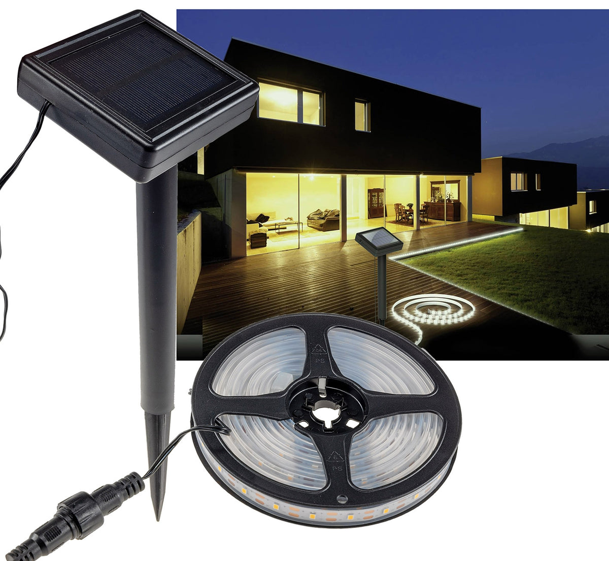 LED Solar LED-Stripe 3m, warmweiß 3000K IP44, Dämmerungssensor