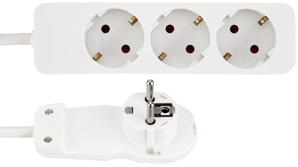 Schutzkontakt-Steckdosenleiste 3-fach 3600W, 2m Kabel, weiß, Flachstecker