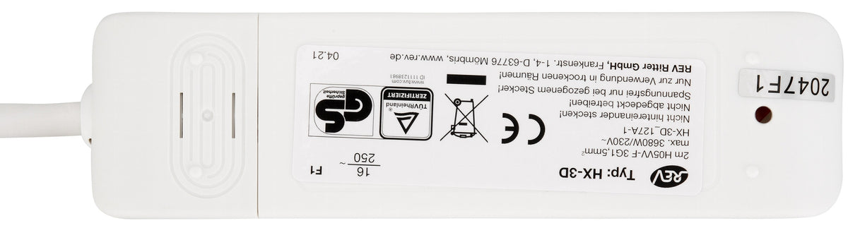 Schutzkontakt-Steckdosenleiste 3-fach 3600W, 2m Kabel, weiß, Flachstecker