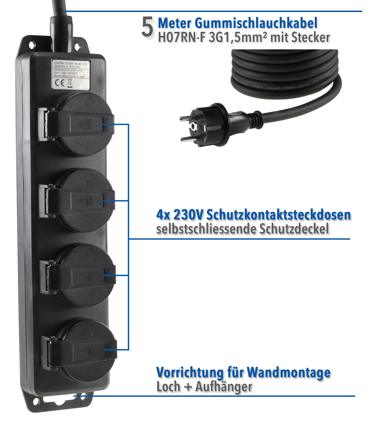 Gartensteckdosenleiste für Außen, 4-fach IP44, H07RN-F 3G1,5mm², Zuleitung 5m
