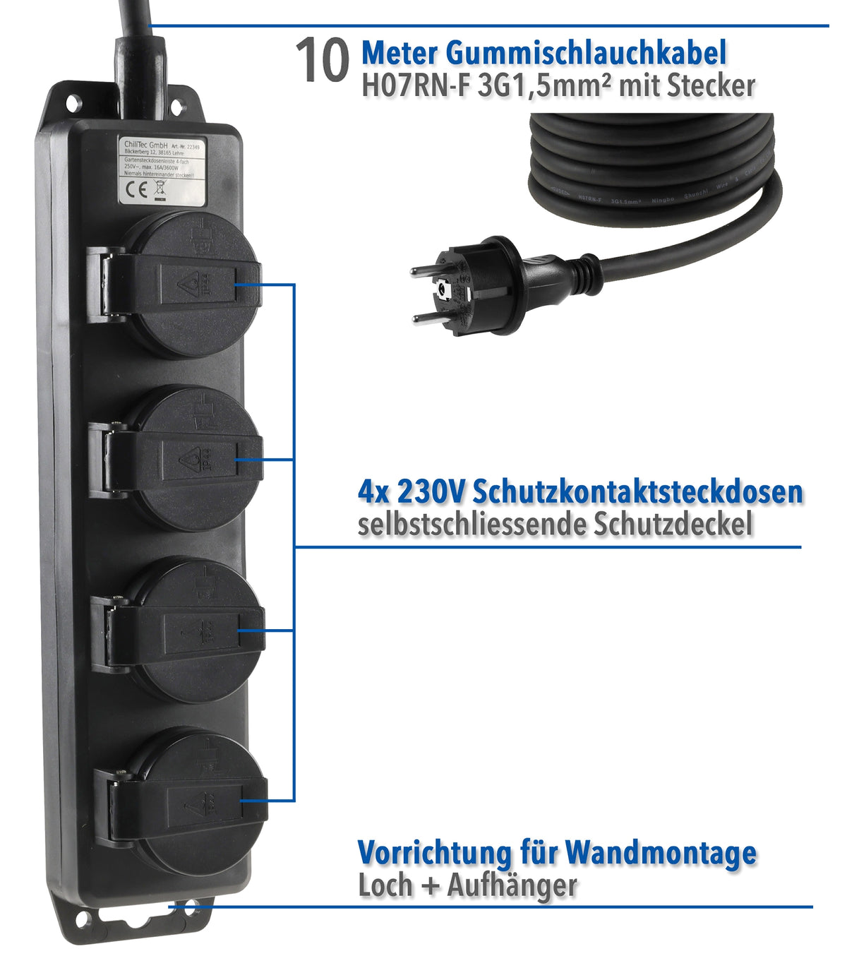 Gartensteckdosenleiste für Außen, 4-fach IP44, H07RN-F 3G1,5mm², Zuleitung 10m