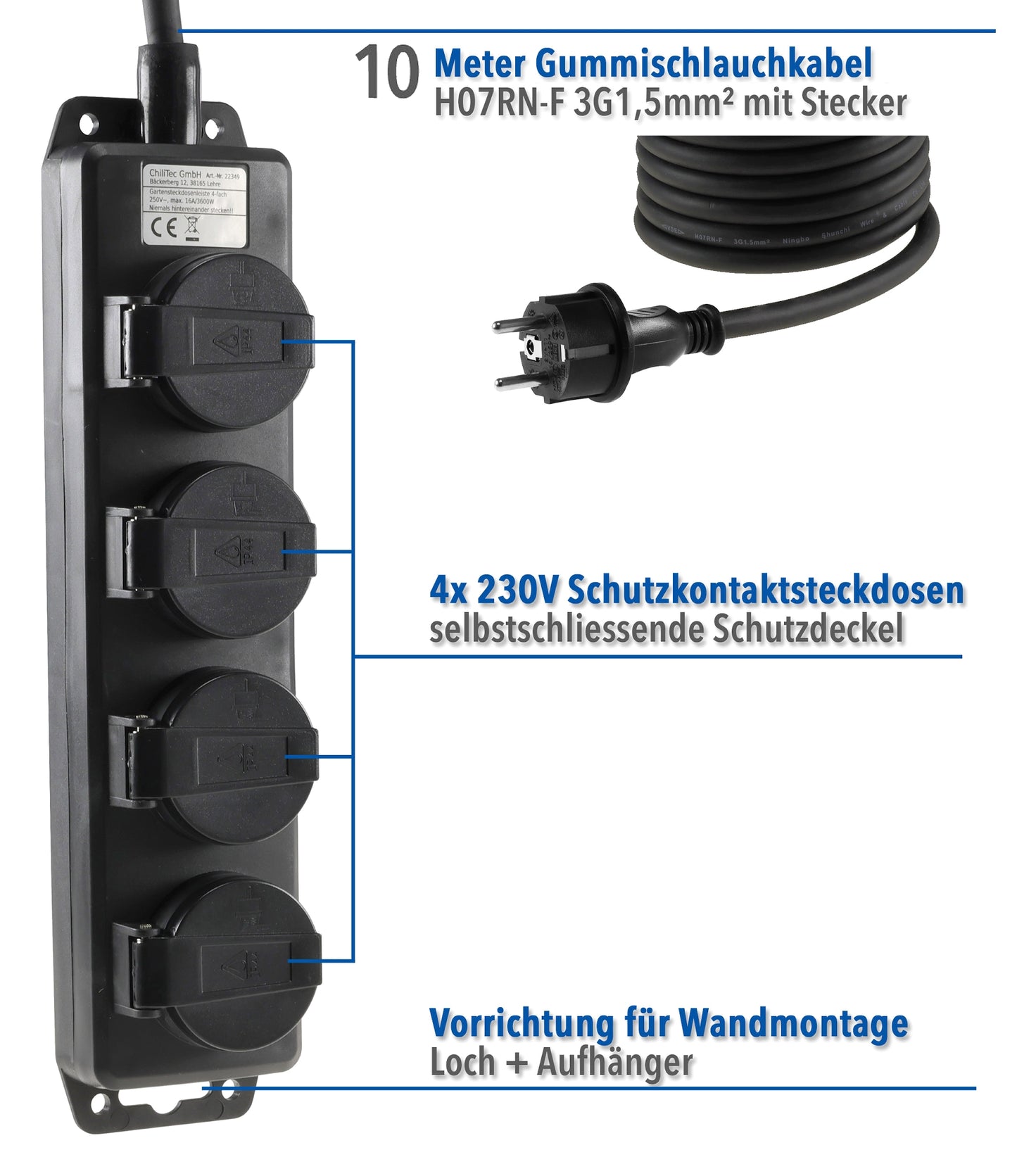 Gartensteckdosenleiste für Außen, 4-fach IP44, H07RN-F 3G1,5mm², Zuleitung 10m