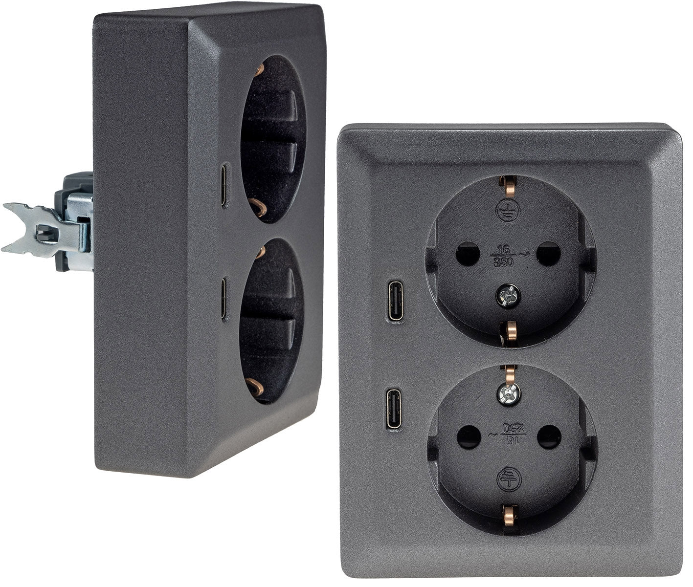 MILOS Schutzkontakt-Steckdose 2-fach 250V~/16A, 1x UP, 2x USB C/PD, anthrazit