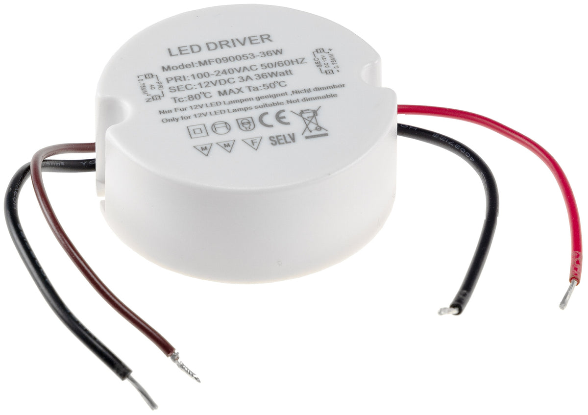LED-Trafo "CT-36E", 0,5-36W, rund Ein 220-240V, Aus 12V= Konstantspannung