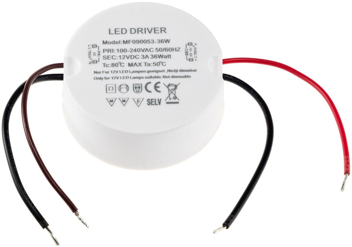 LED-Trafo "CT-36E", 0,5-36W, rund Ein 220-240V, Aus 12V= Konstantspannung