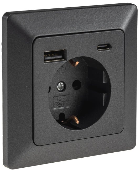 MILOS Schutzkontakt-Steckdose, anthrazit 230V~/ 16A, Unterputz, USB-A/C PD 3.0